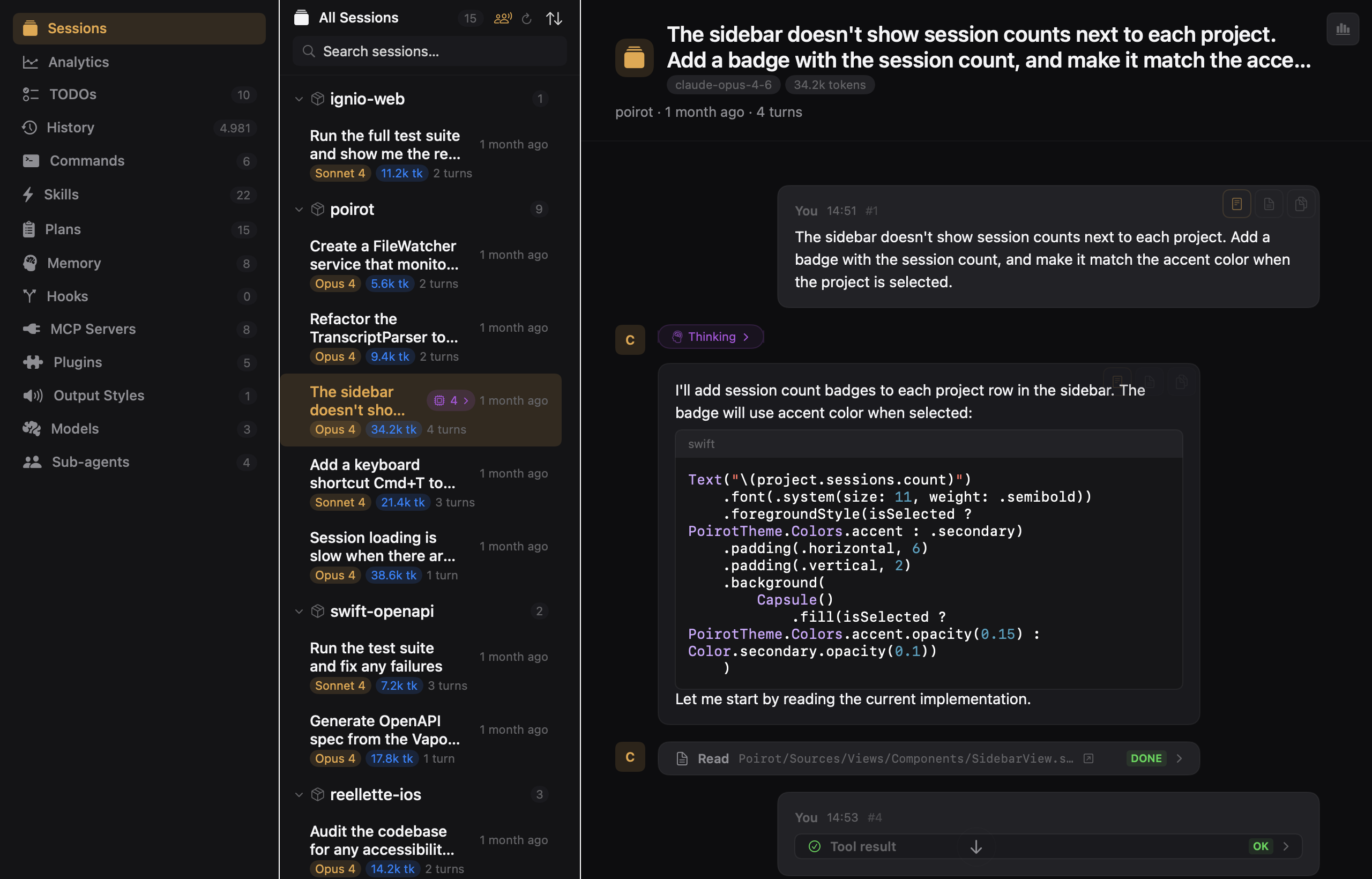 Session History Browser showing projects grouped in the sessions tab with session metadata