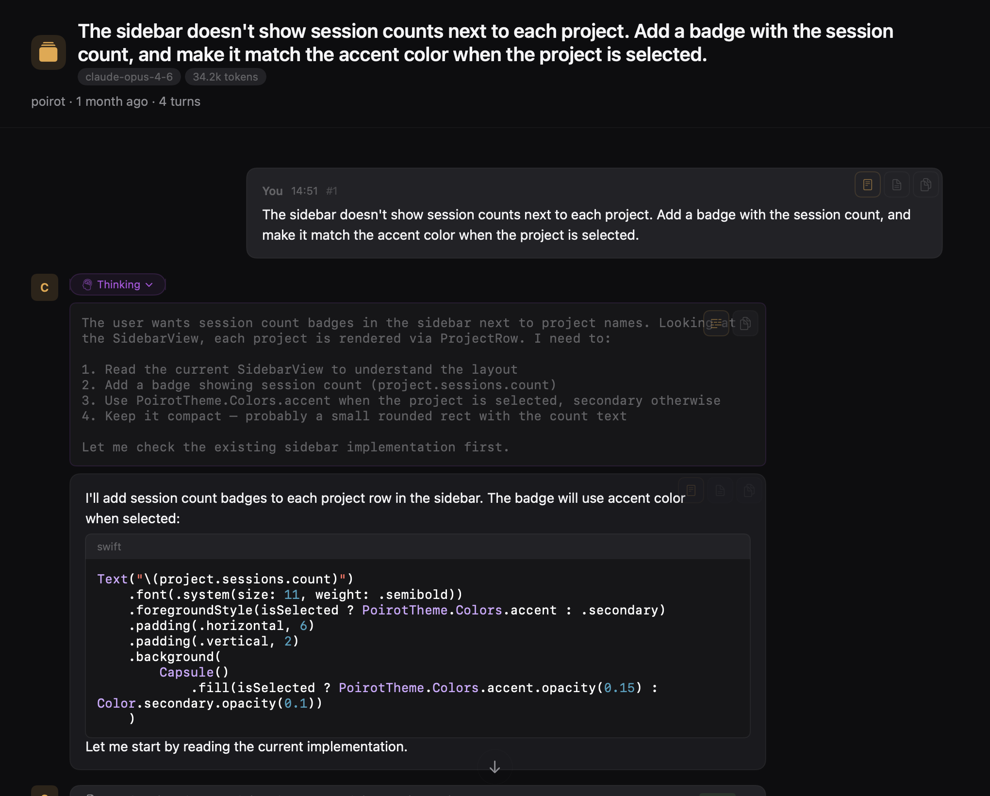 Rich conversation view with syntax-highlighted code blocks and markdown rendering