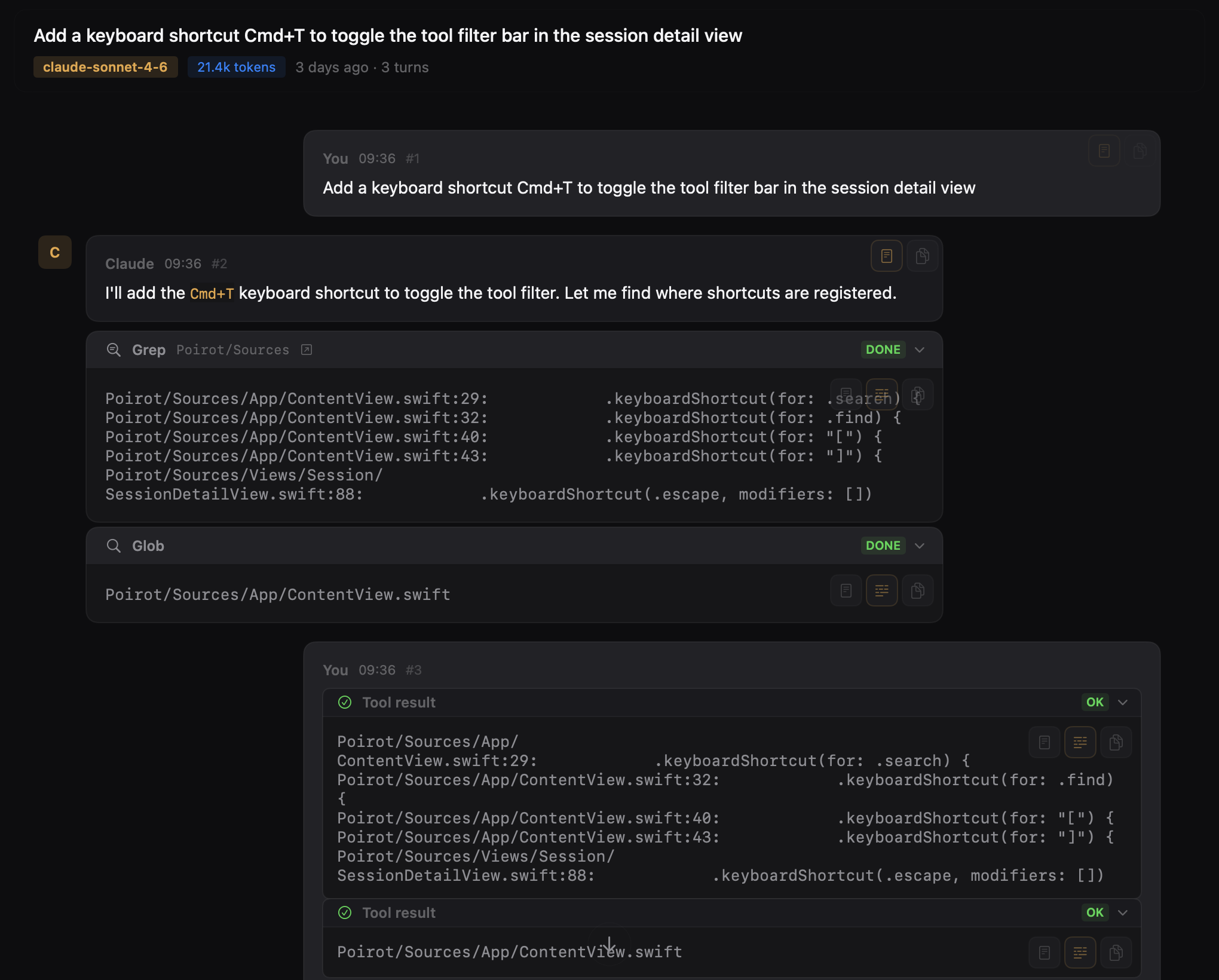 Tool blocks showing Read, Edit, and Bash tool invocations with file paths and results