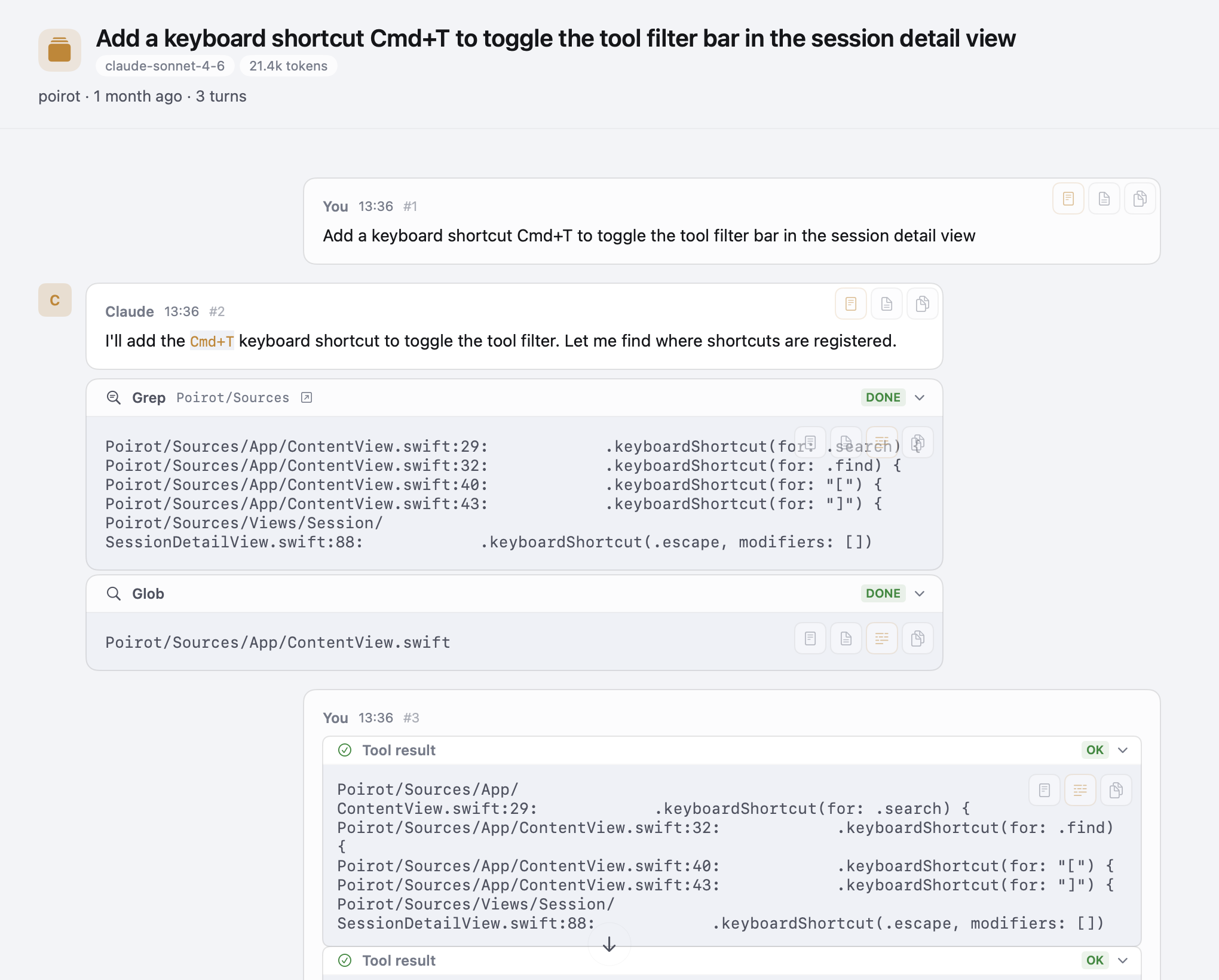 Tool blocks showing Read, Edit, and Bash tool invocations with file paths and results