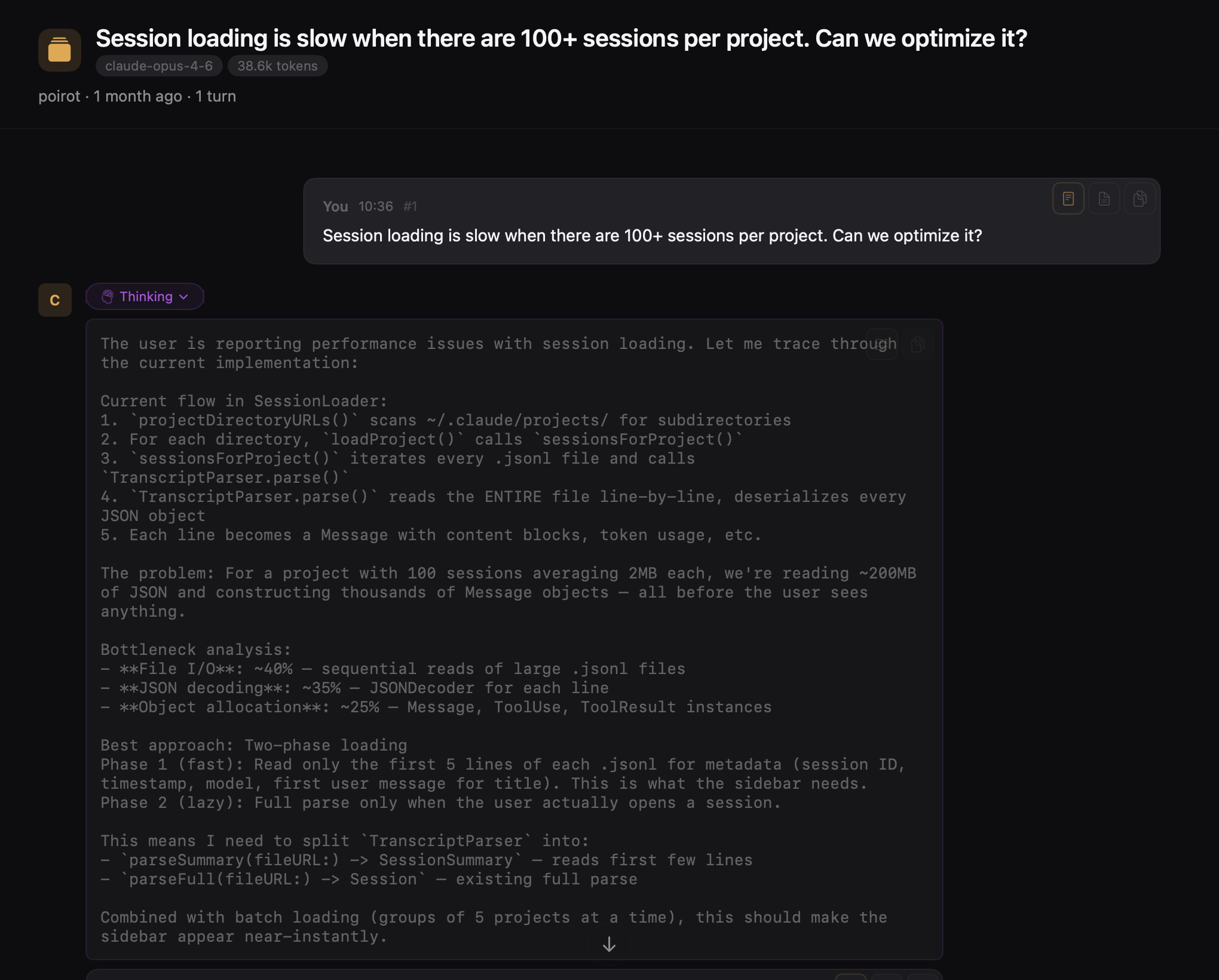 Extended thinking blocks with purple accent showing Claude's reasoning process