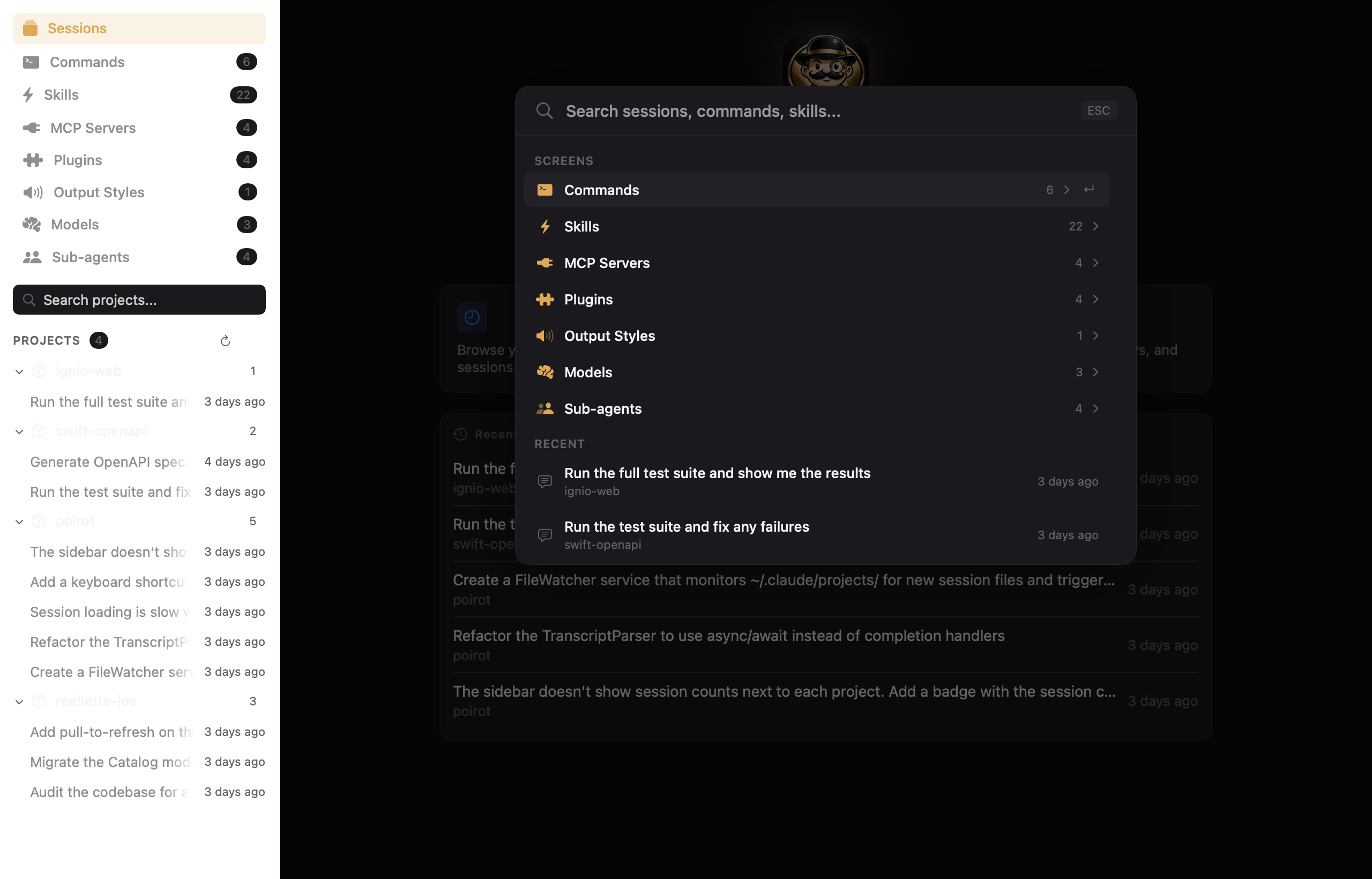 Fuzzy search overlay showing results grouped by category