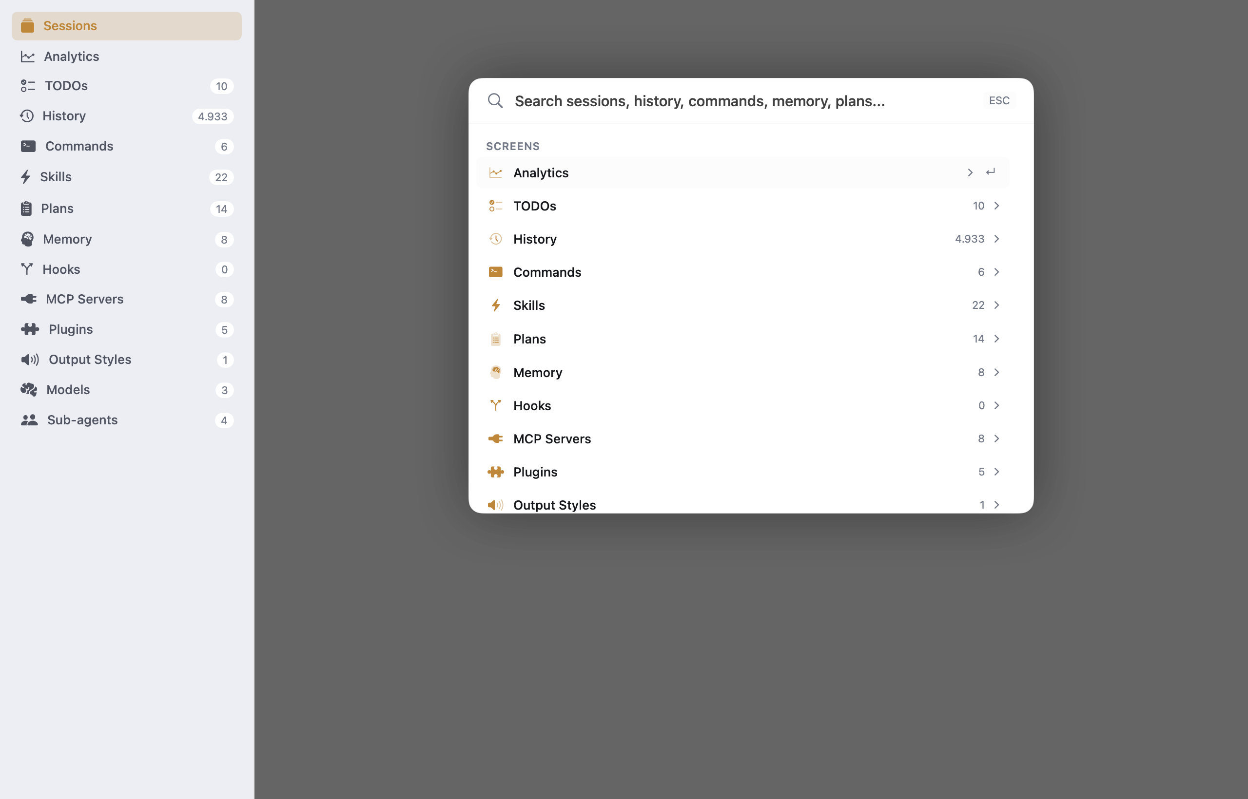 Fuzzy search overlay showing results grouped by category