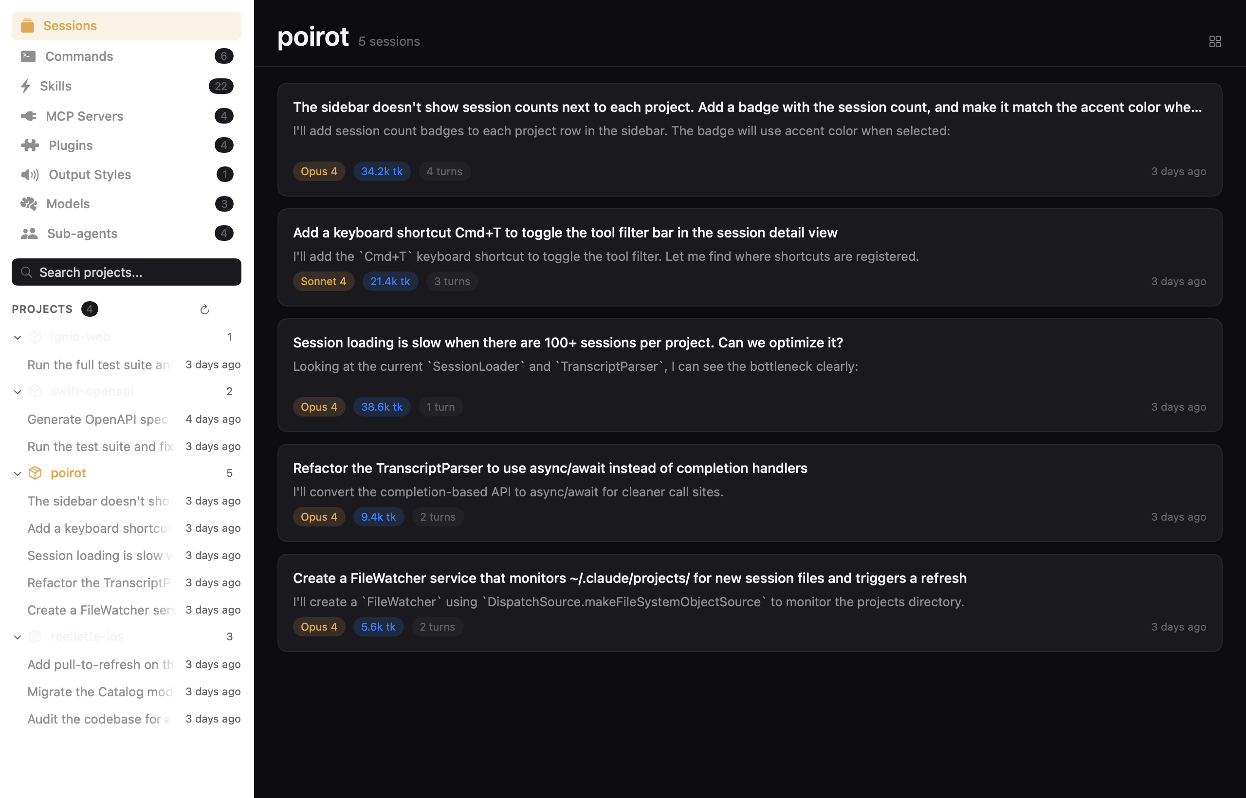 Session History Browser showing projects grouped in a sidebar with session metadata