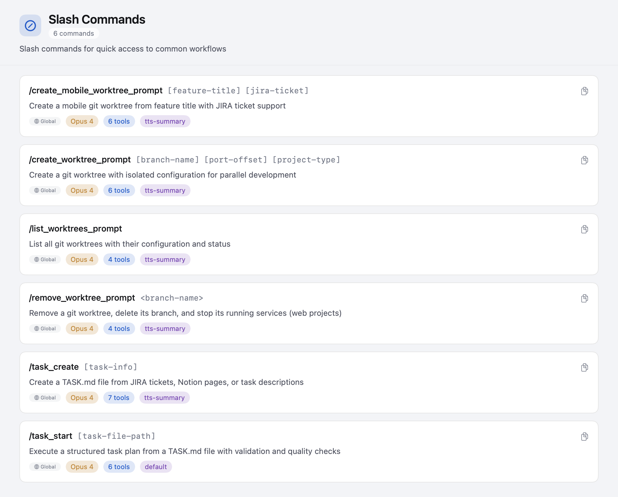 Slash commands browser showing global and project-scoped commands with metadata