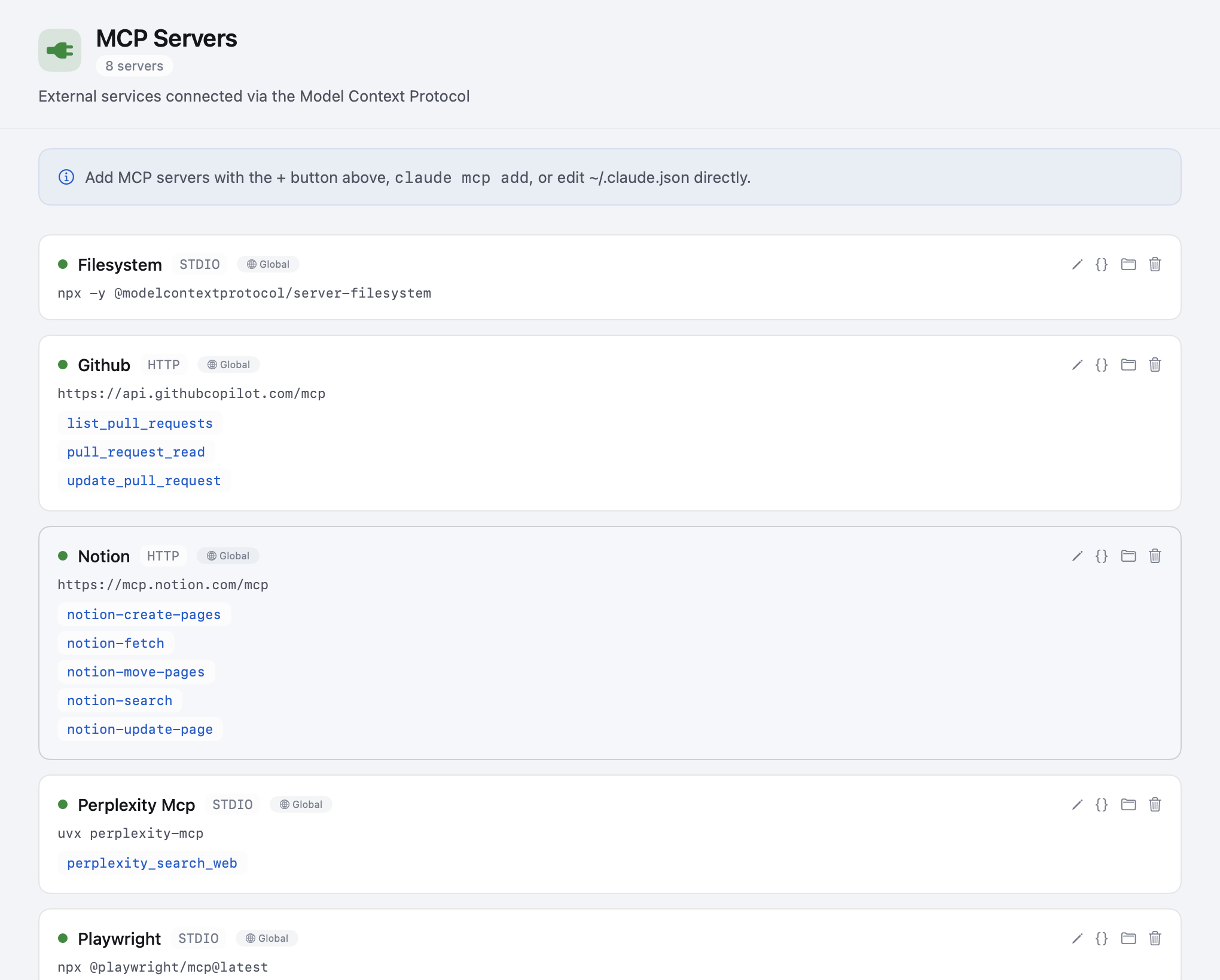 MCP servers list showing configured servers with connection details