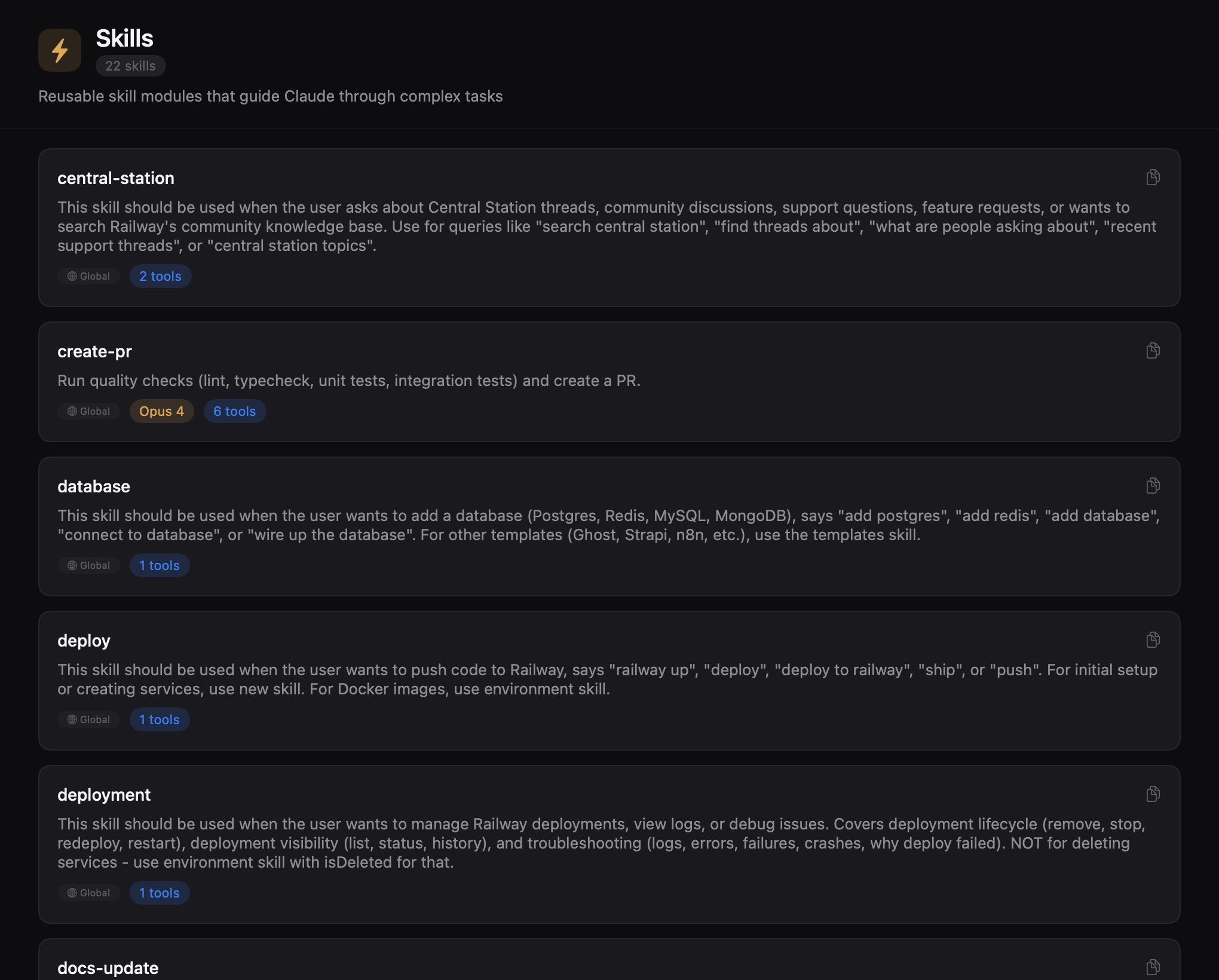 Skills browser showing skill modules with descriptions and scope badges