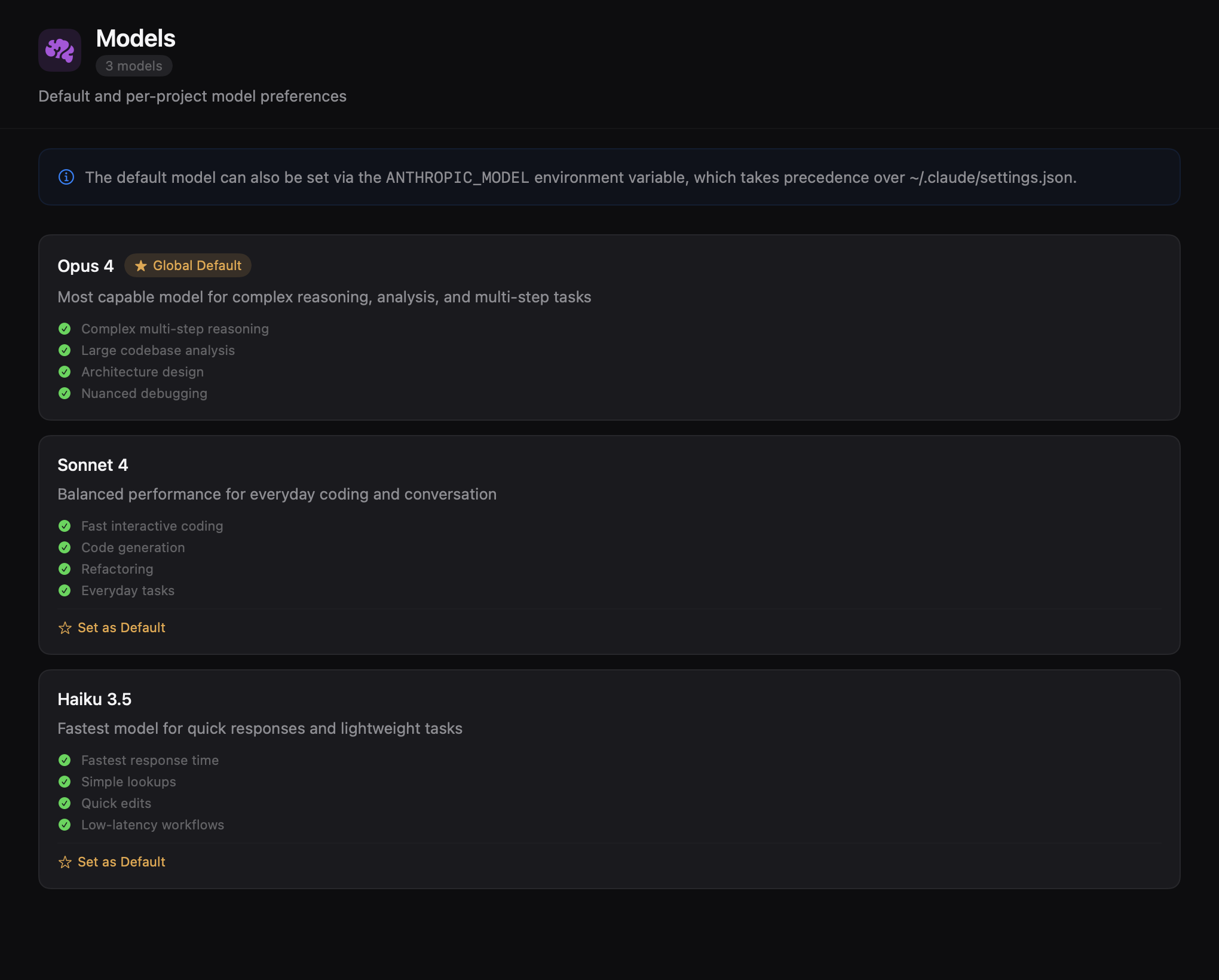 Models list showing available AI models with default selection