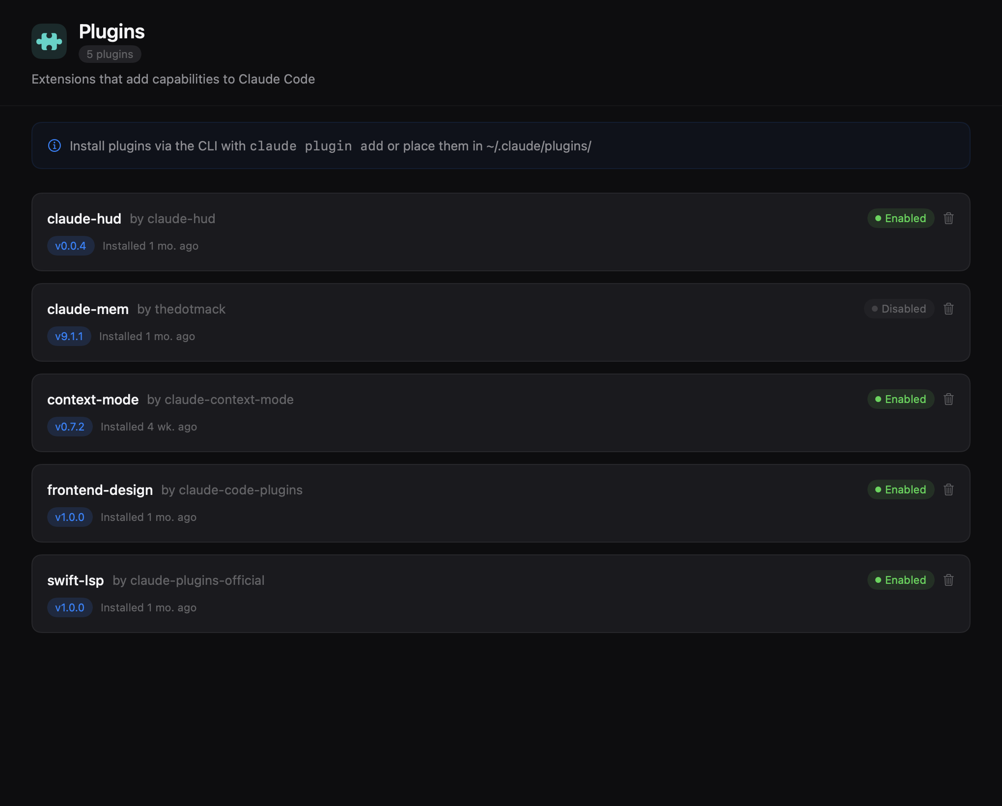 Plugins list showing installed Claude plugins with metadata