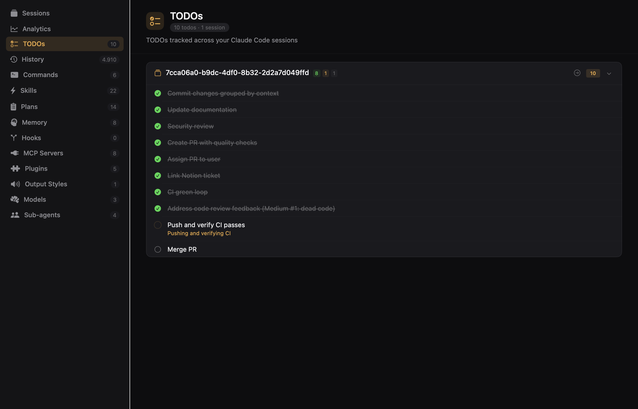 TODOs overview showing session tasks grouped by session with status badges