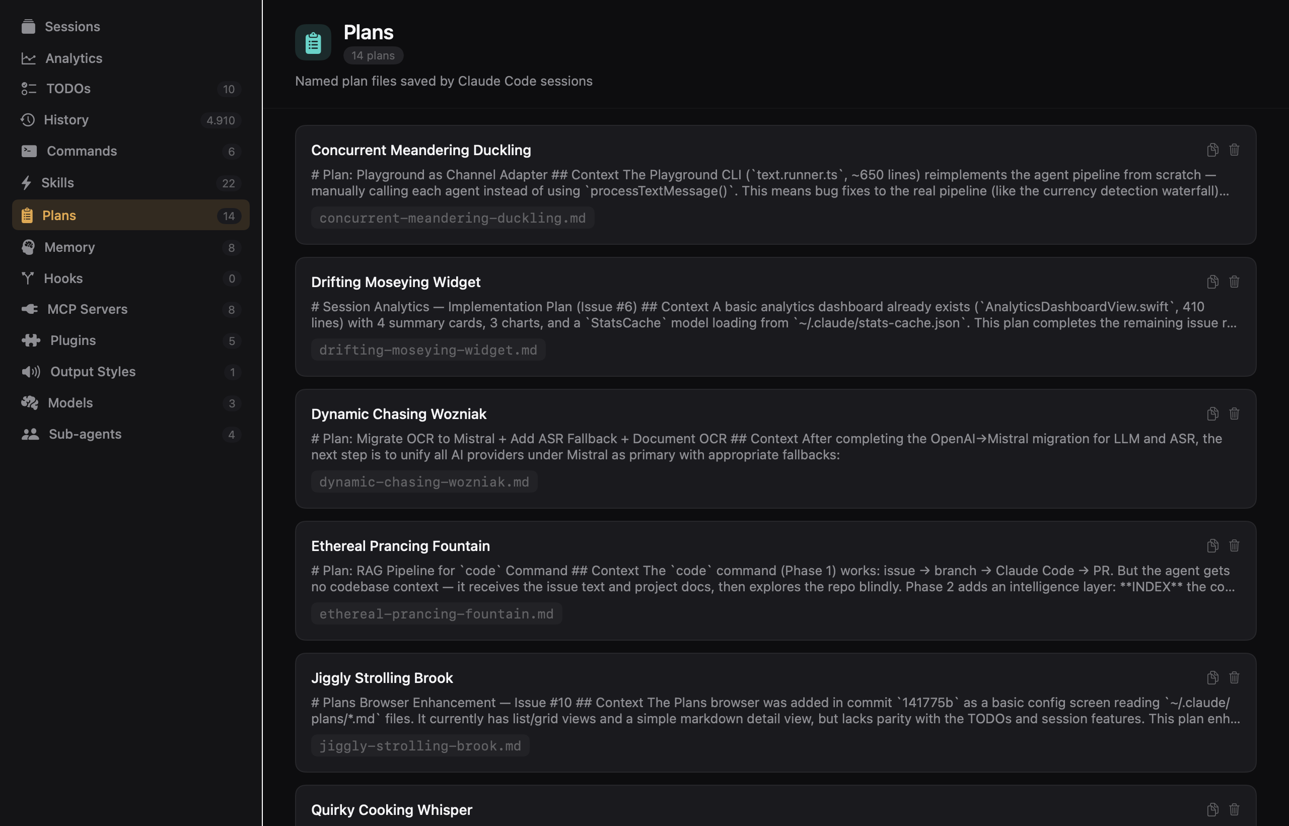 Plans browser showing markdown plans with preview and management actions