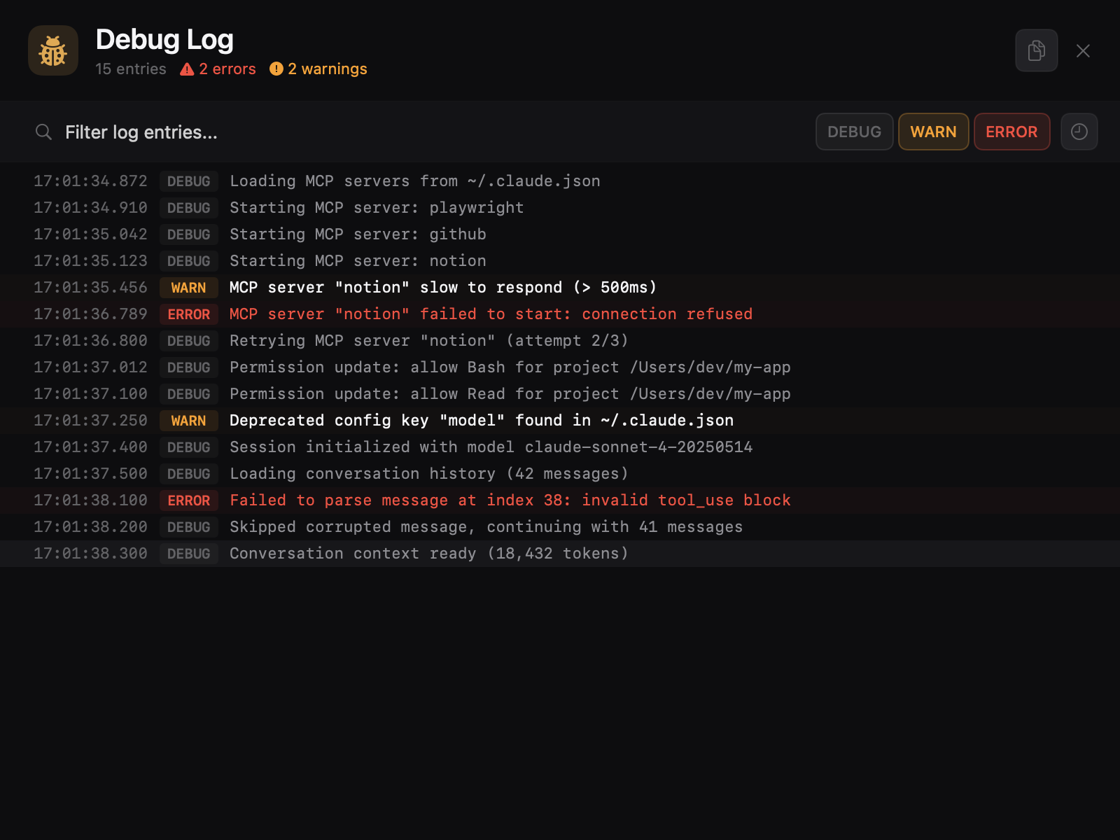 Debug log viewer showing color-coded log entries with level filtering and search