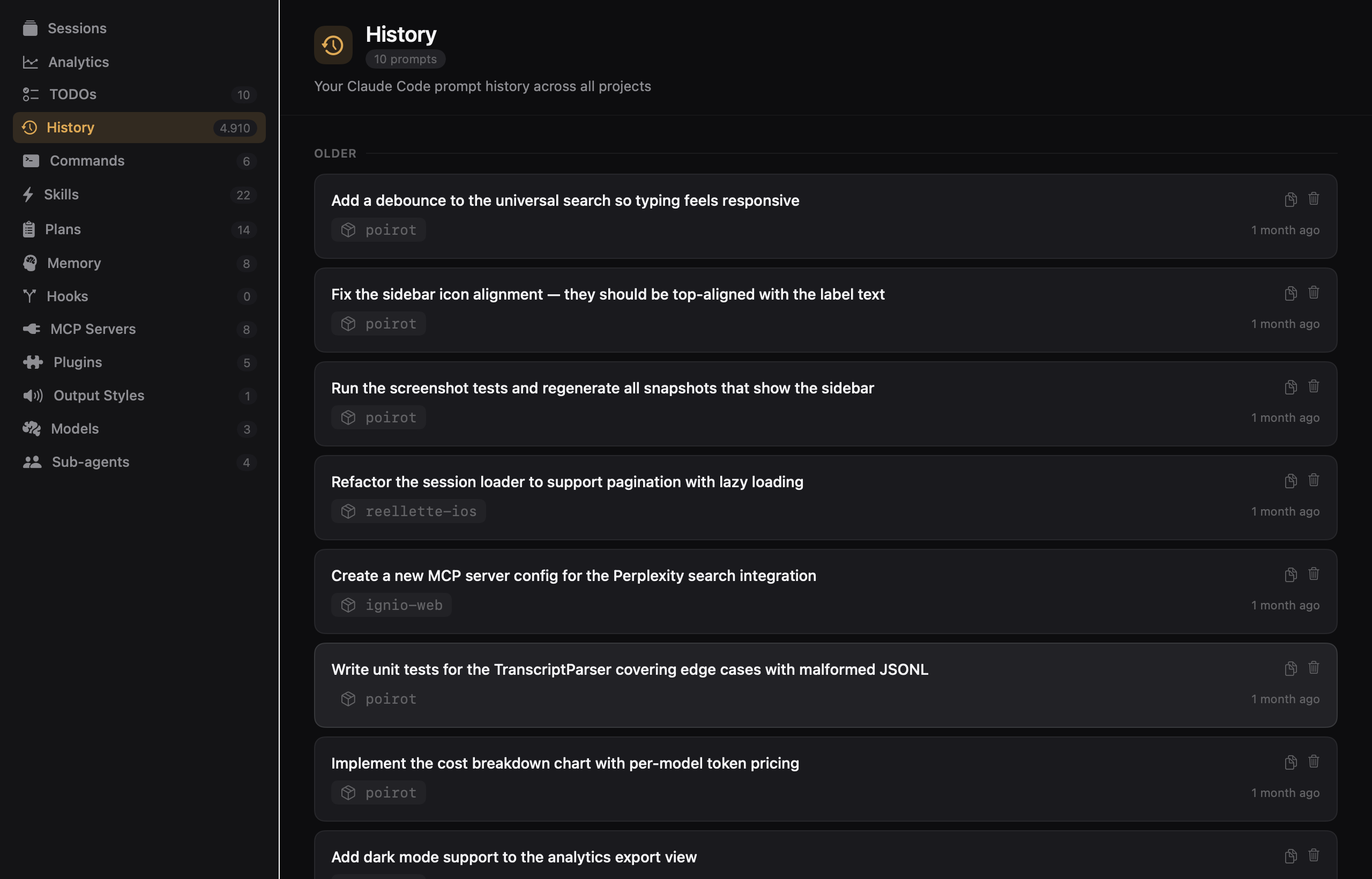 Prompt history browser showing prompts grouped by date with project filtering
