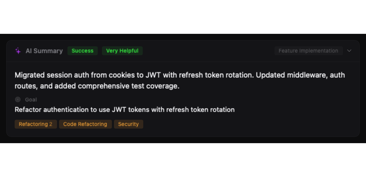 AI session summary card showing outcome badge, helpfulness rating, goal categories, and brief summary