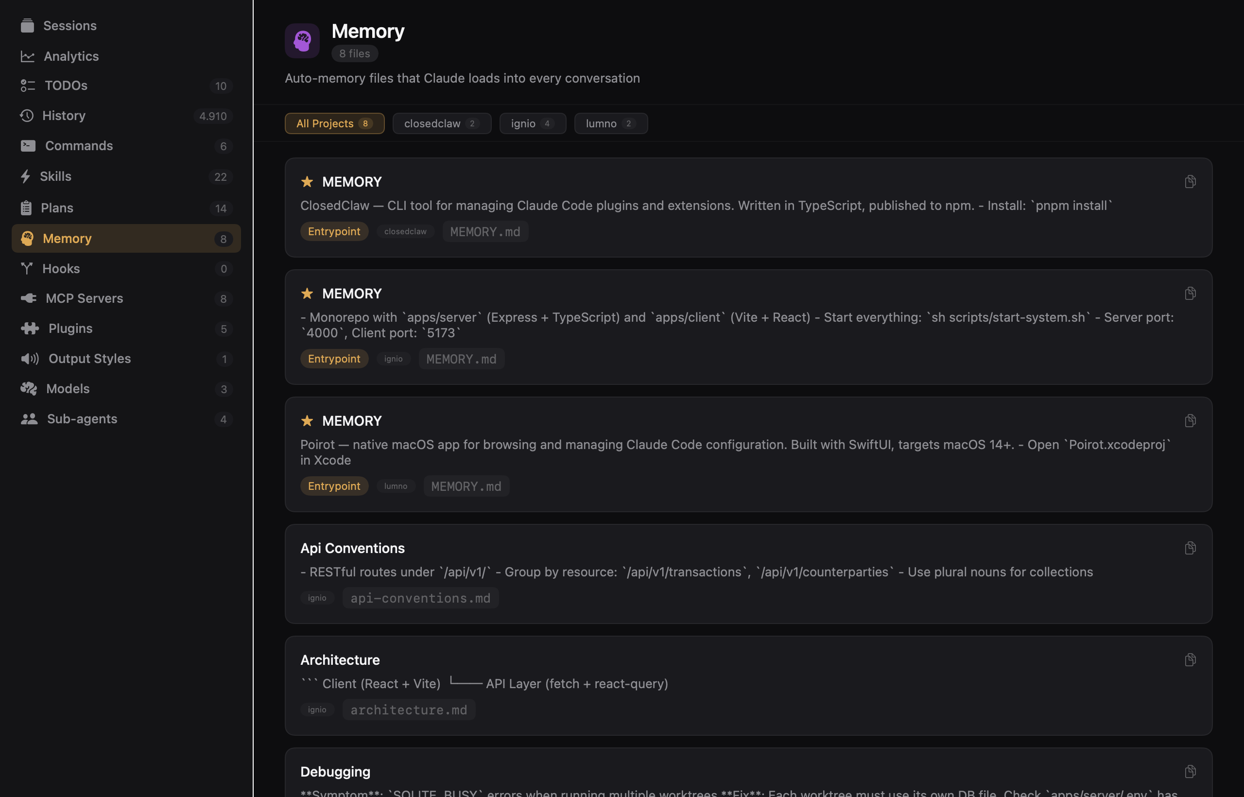 Memory browser showing auto-memory files grouped by project